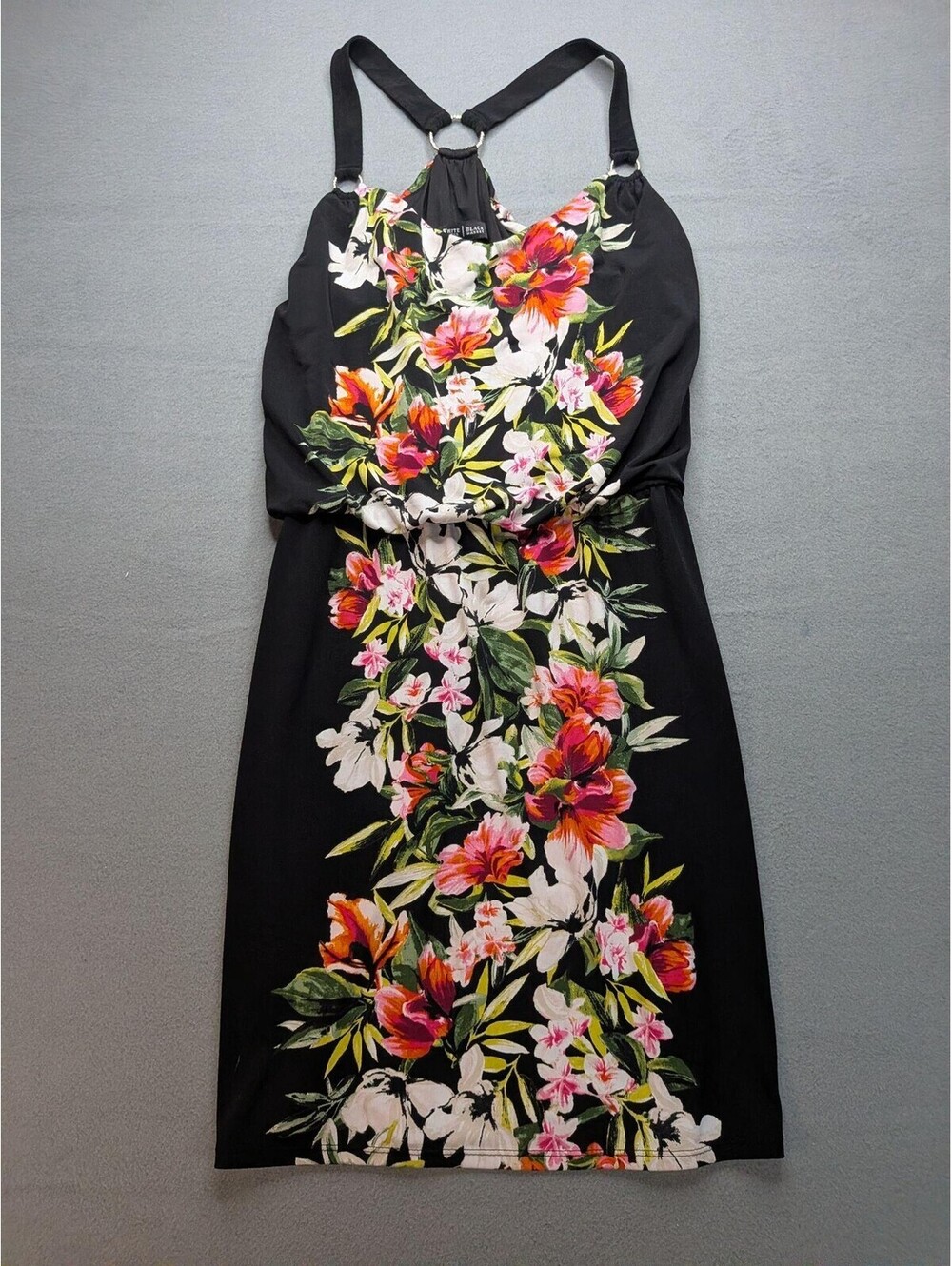 White House Black Market Sundress Womens XS Black Floral Halter Knee Length